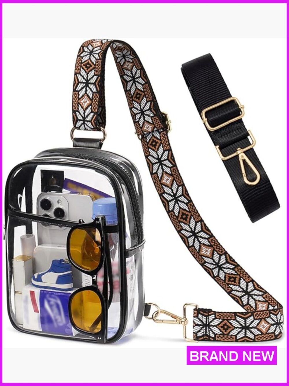 Clear Sling Backpack with 3 Pockets Stadium Approved Crossbody Bag 2 Straps
